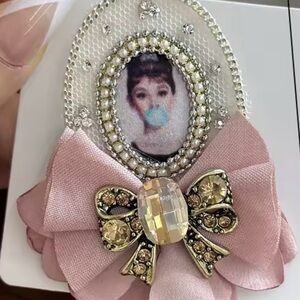 Audrey Hepburn inspired Chic Pink and Gold Brooch with Vintage Portrait